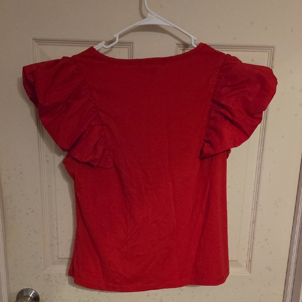 Vibrant Red Ruffled Flutter Sleeve Blouse - Picture 10 of 13